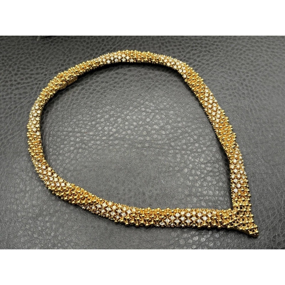 Rare Ciner Gold Tone Encrusted Crystal Rhinestone Thick V Shape Choker Necklace